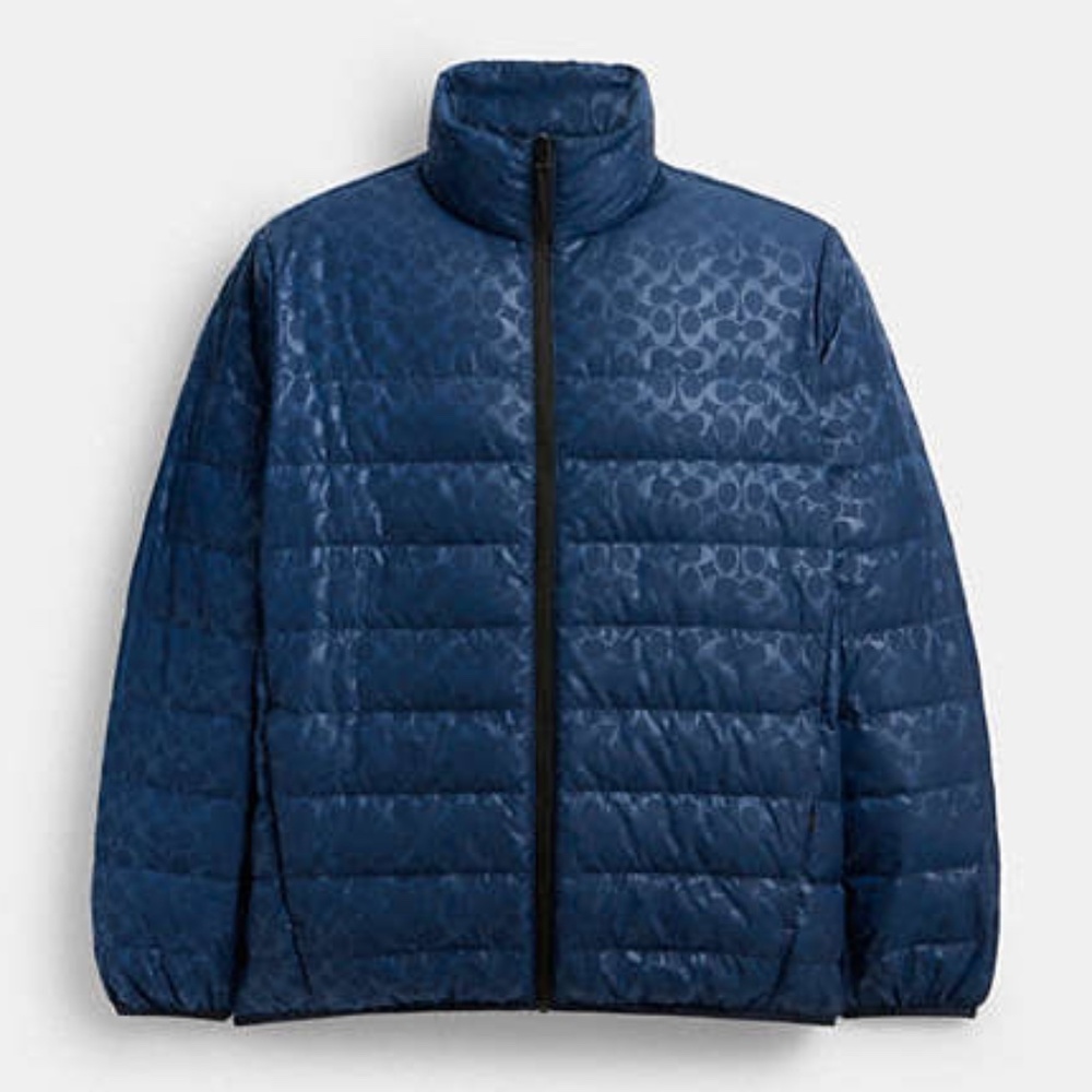 New Coach Blue Lightweight Down Jacket In Recycled Polyester color; Washed Navy